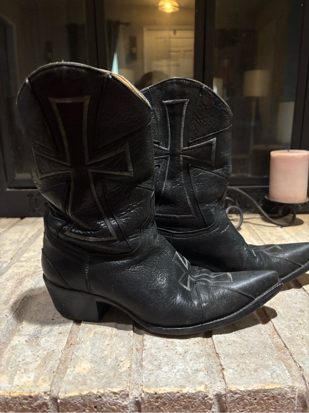 🖤Old Gringo Vintage Black Leather Cross Western Mid-calf Boots, Snip Toe, Size 7 - Picture 2 of 10